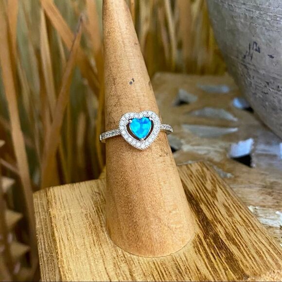 Blue Opal & CZ Heart Sterling Silver Ring size 6 - Picture 1 of 7